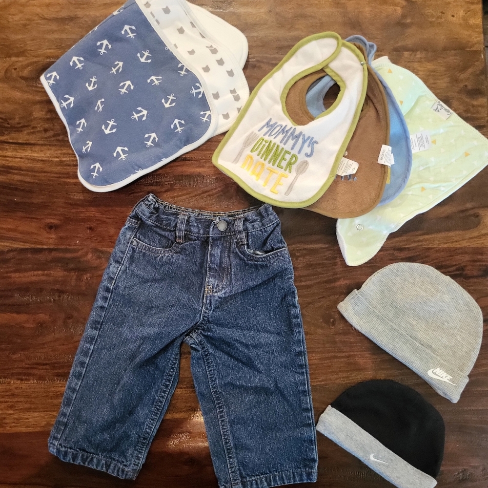 A LOT OF BABY ITEMS, BIBS, BURP CLOTHS, BEANIES AND DENIM BRITCHES SZ 9M NAUTICA